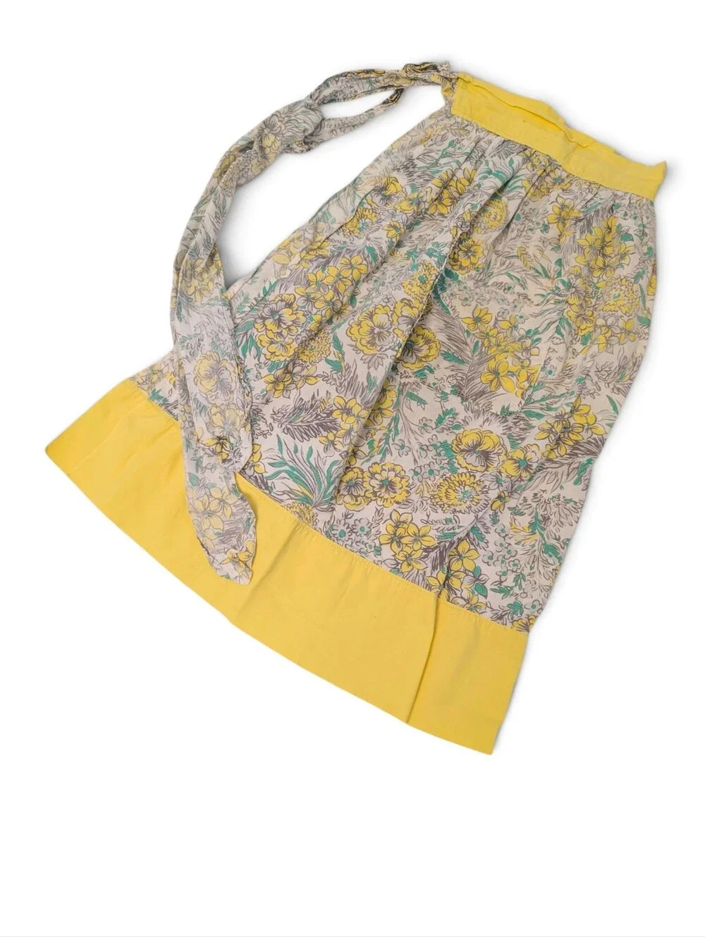 VINTAGE 1950 Floral Apron Tie-Waist Cotton Traditional Yellow Green White 21